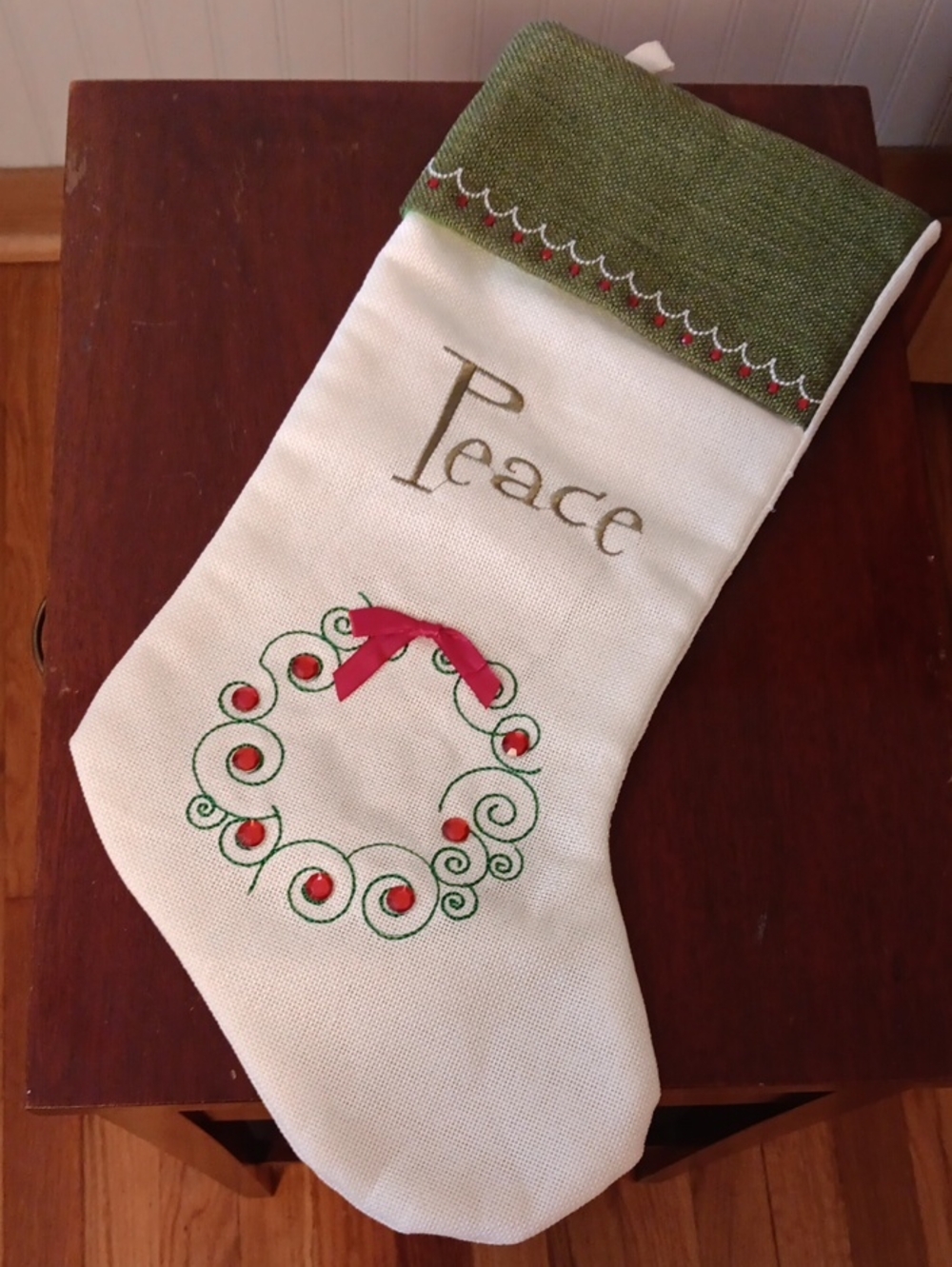 Never Used Peace Holiday Stocking with Green Cuff and Red Wreath Accent
